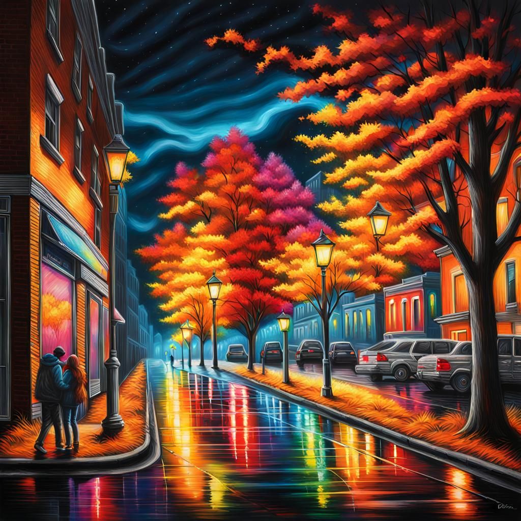 Hyperrealistic Night Street in Color Charcoal Art