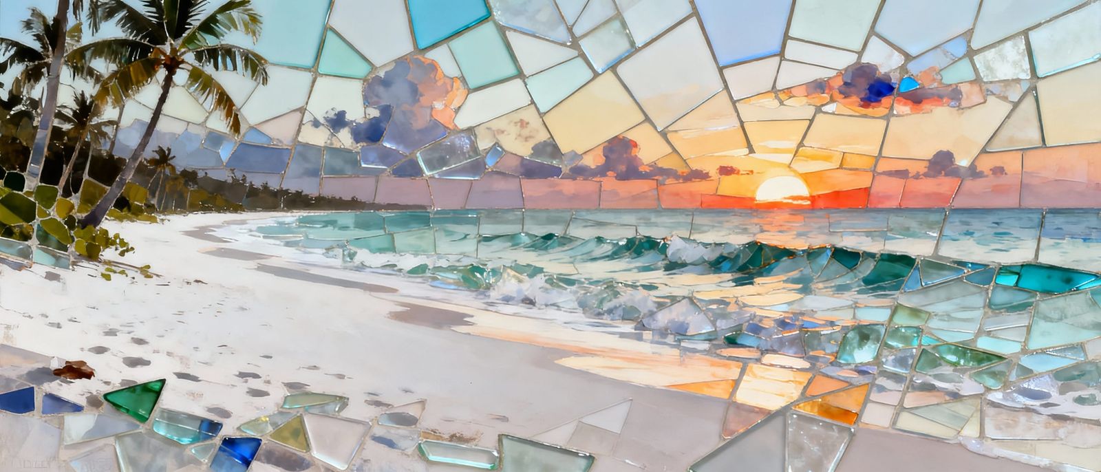 Fragmentary Mosaic Cubism Sea Sunset on Tropical Beach