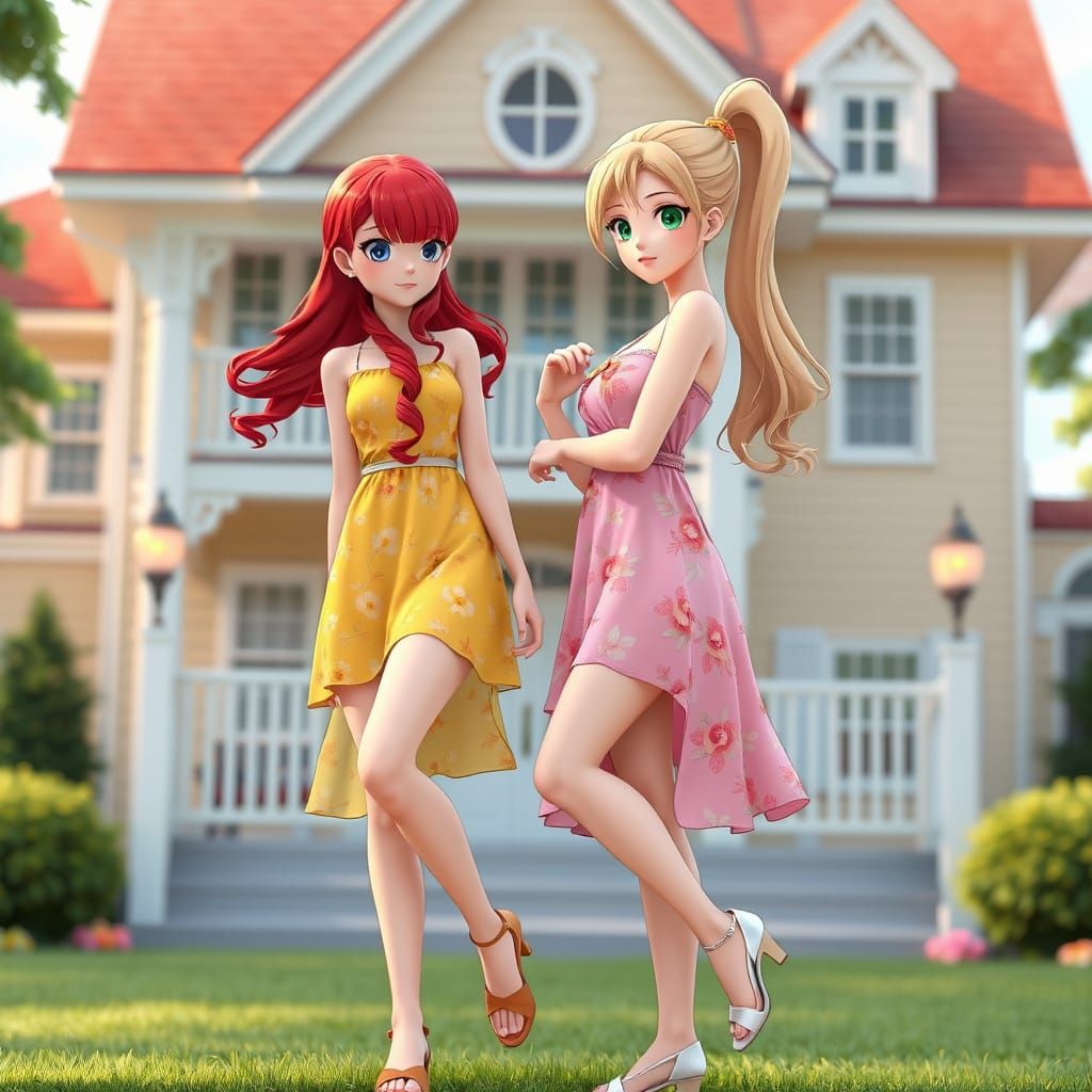Sorority Sisters in Floral Sundresses, Anime Art Style