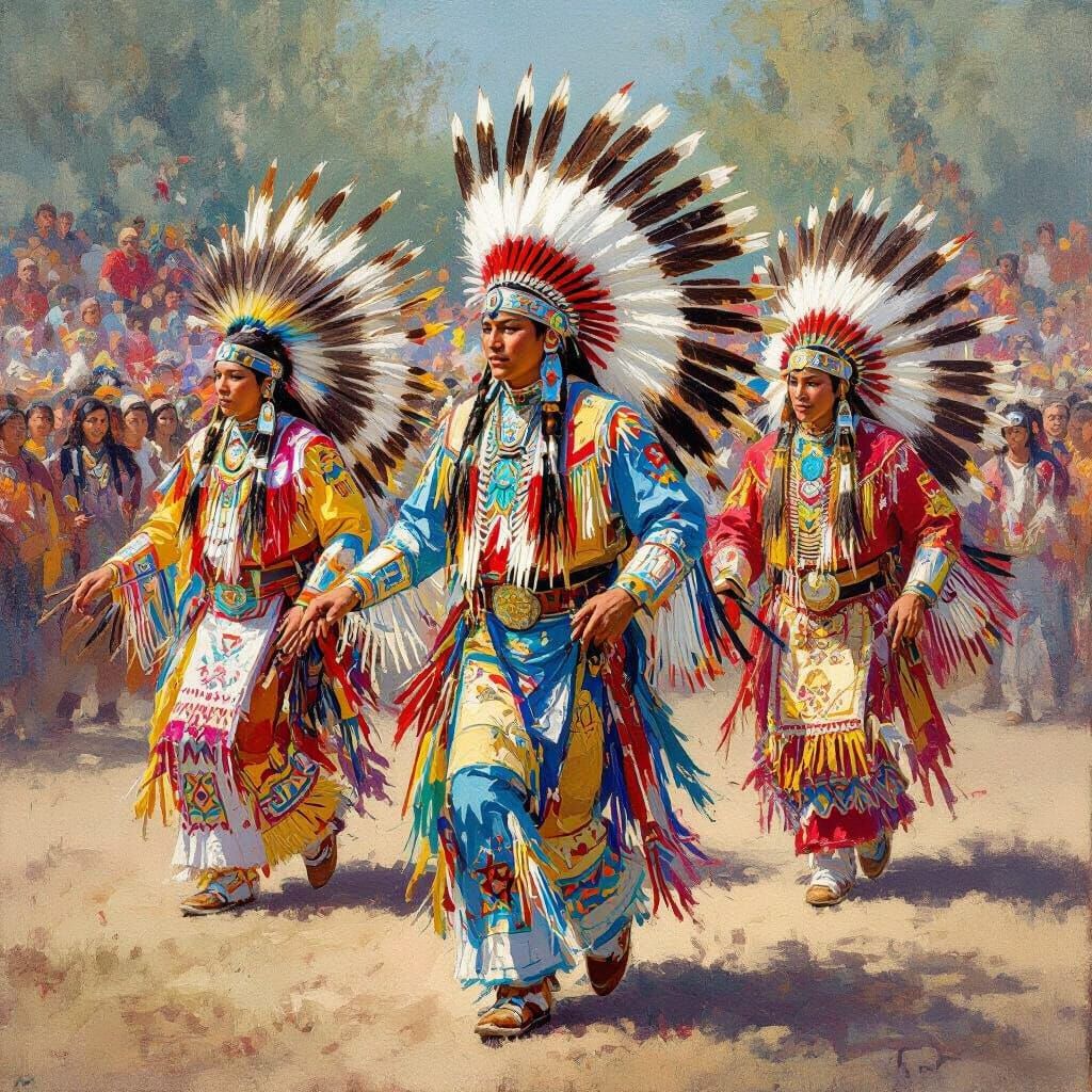 Vibrant Native American Pow Wow Dancers in Dynamic Motion
