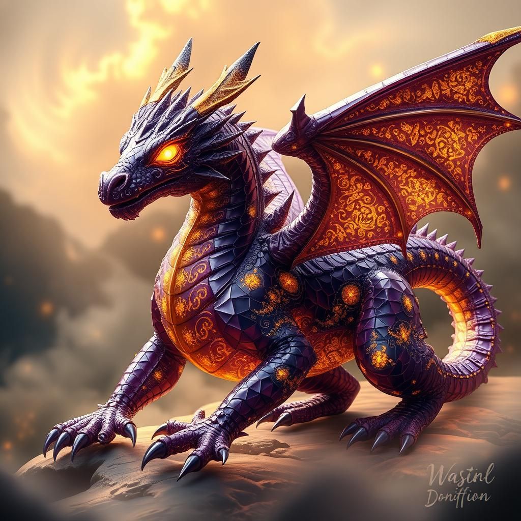 Fractal Dragon with Gold Scales and Crystalline Wings