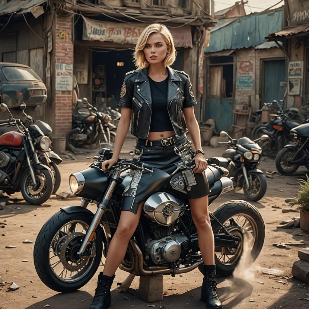 Beutiful blonde bob hair woman standing in a mini skirt and ...