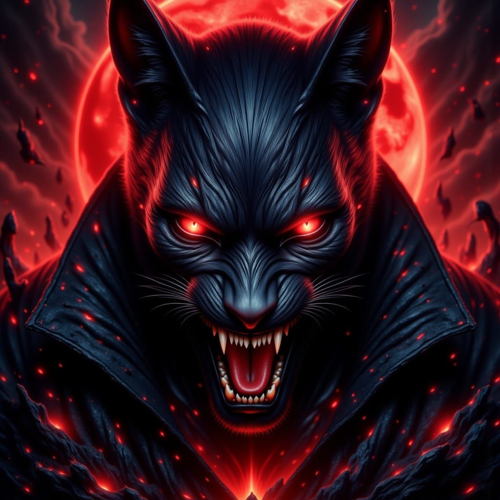 Mysterious Dark Fantasy Black Cat Under a Blood Red Moon