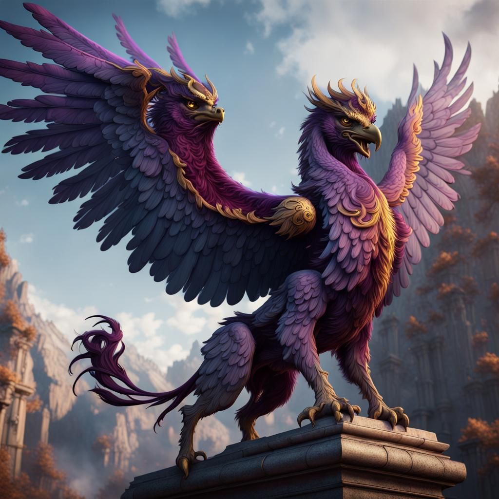Purple Flamed Winged Griffin: Fantasy Concept Art