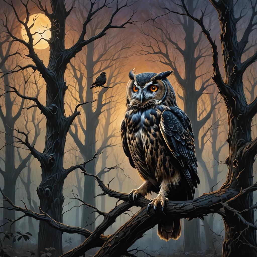 Gothic Owl Sings at Sunrise in Dark Forest
