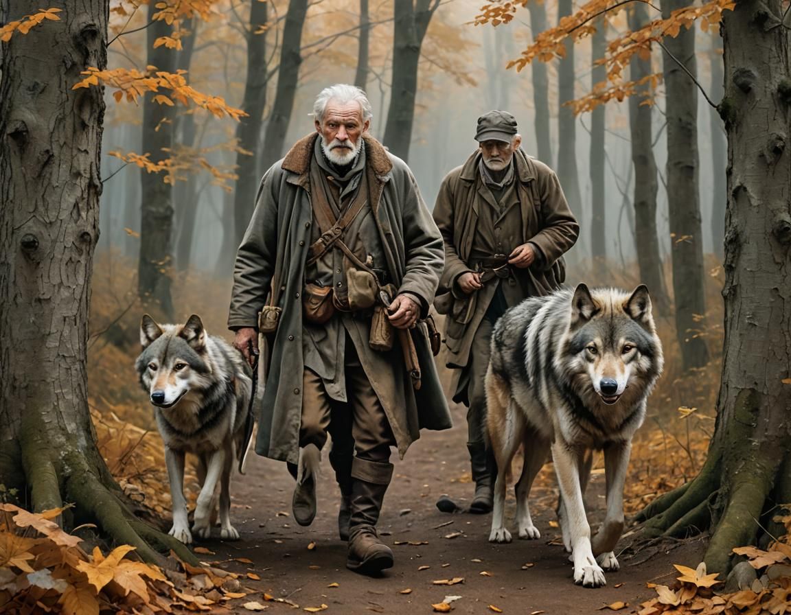 Old Man and Wolf Companion in Autumn Woods