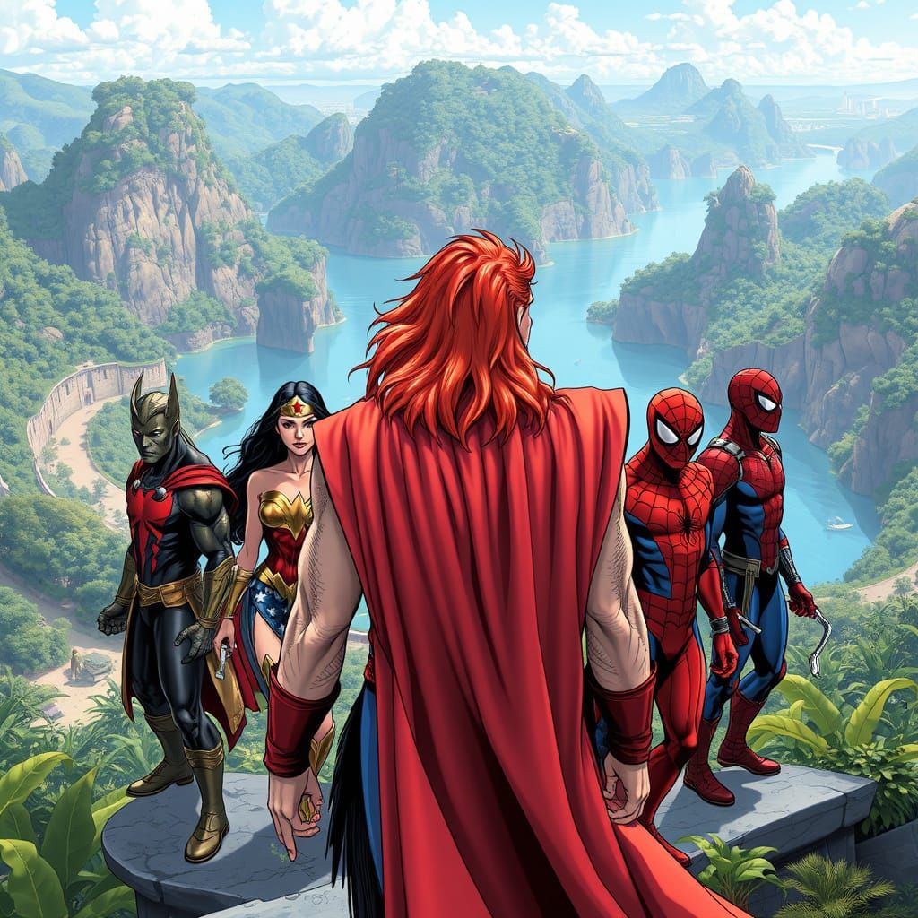 Superheroes Overlook Paradise in Comic Book Style