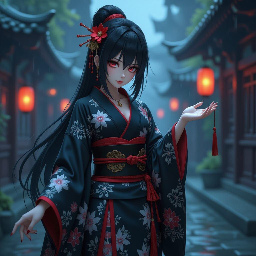 Goth Demon Girl in Kimono, Anime Art Style