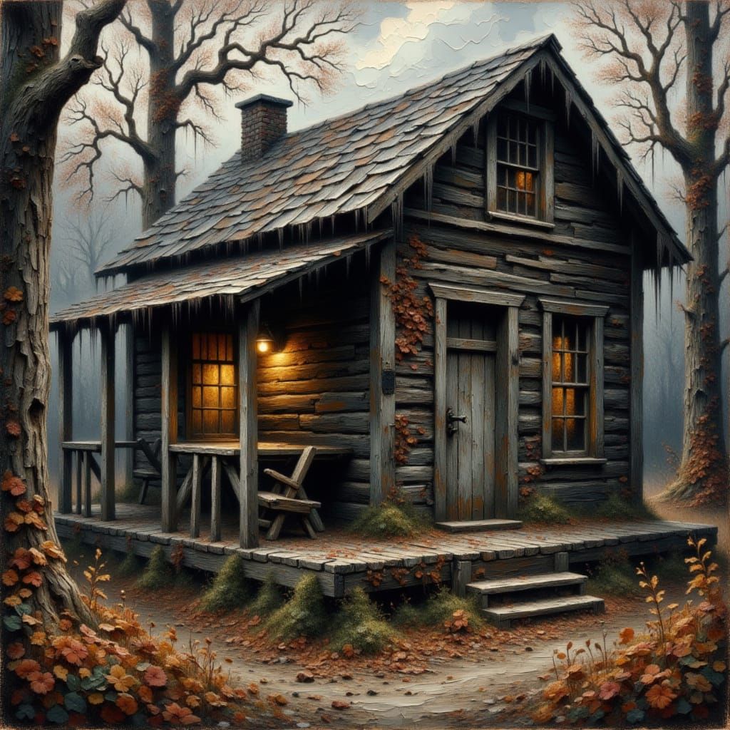 Rickety Shack in Woods with "Death and Taxes" Sign