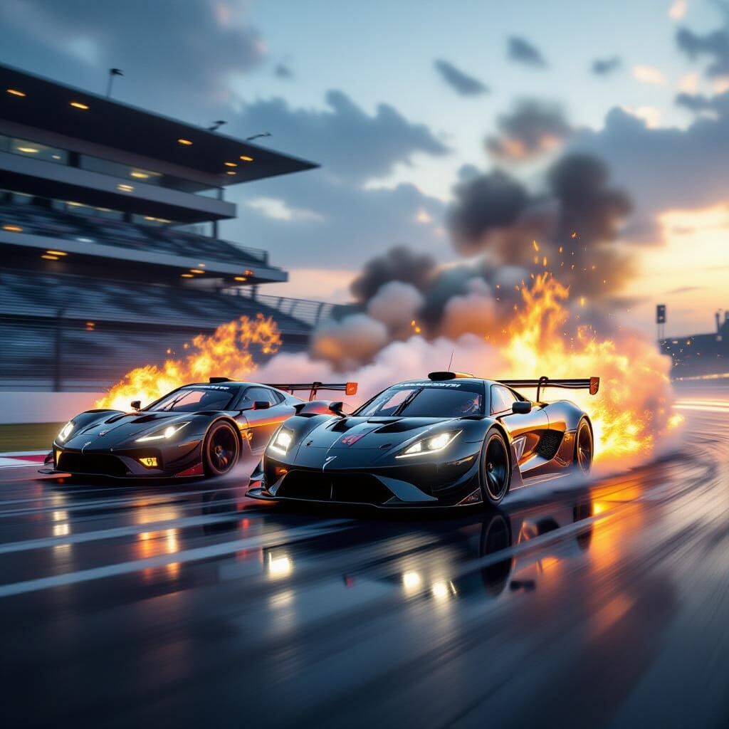 Sports Cars Racing in Fiery Double Exposure Style
