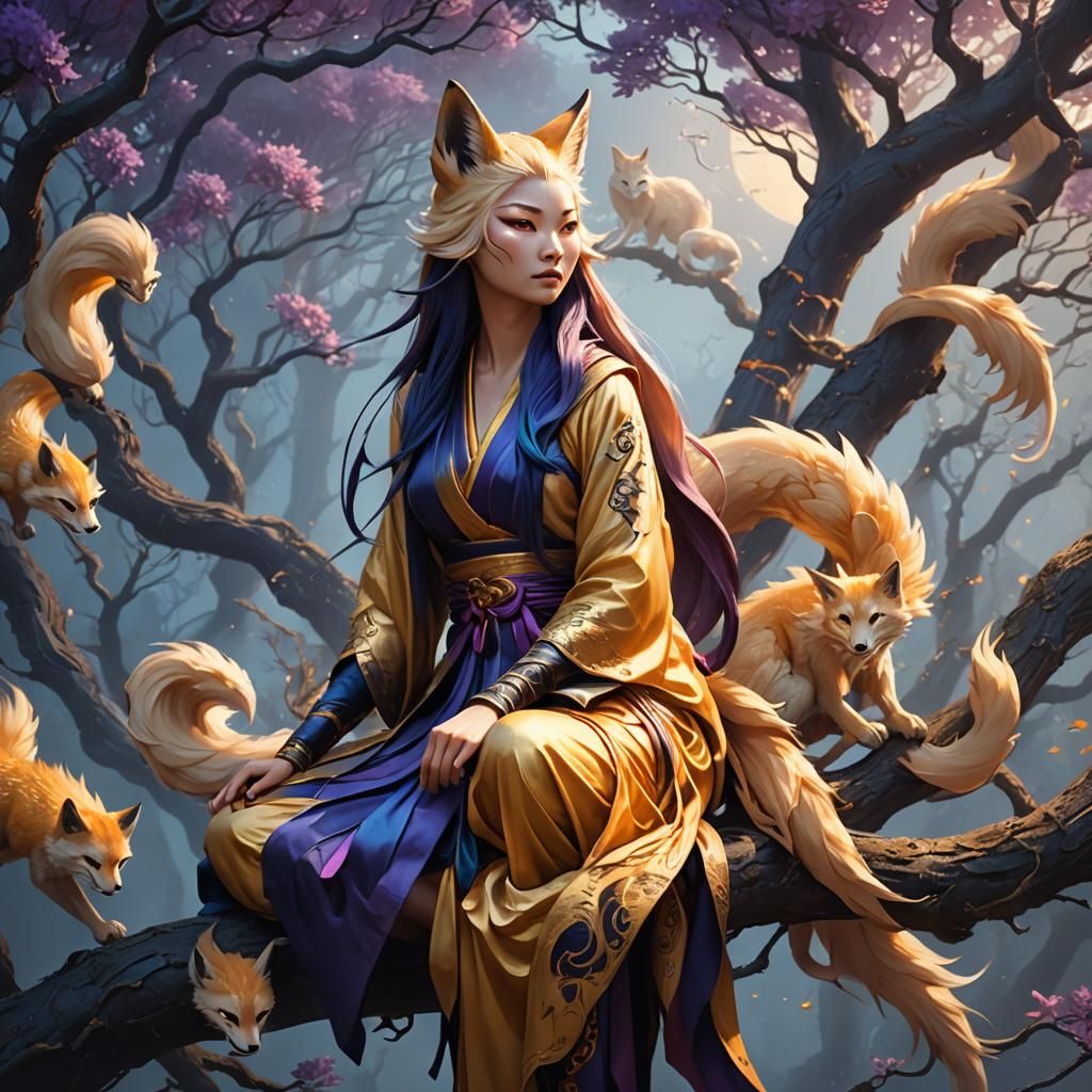 Ethereal Kitsune Woman in Fantasy Oil Painting