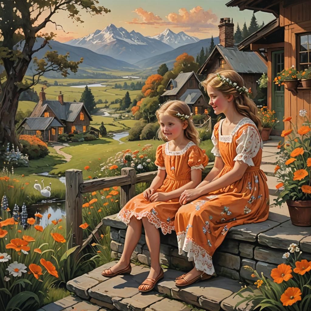 Girls Giggling on Cottage Porch, Oil Painting