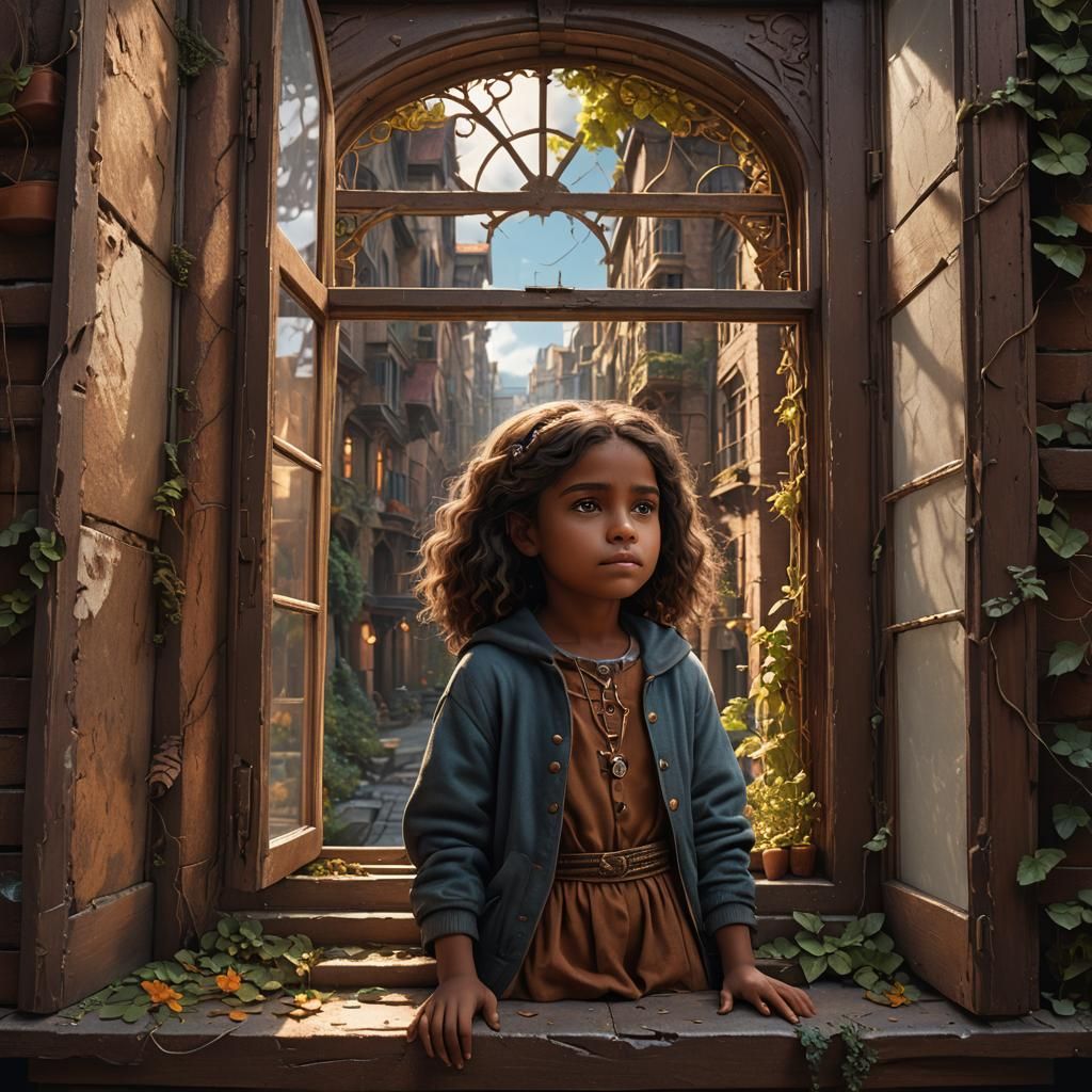Little Brown Girl Daydreaming: Detailed Matte Painting
