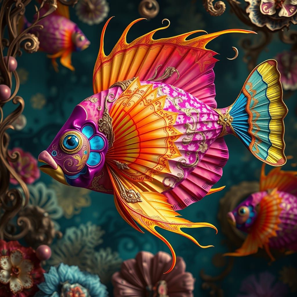 Exotic Fan Fish in Ornate Digital Art Style
