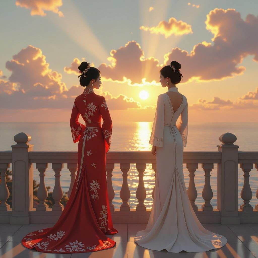 Chinese Woman on Balcony Watching Serene Sunset