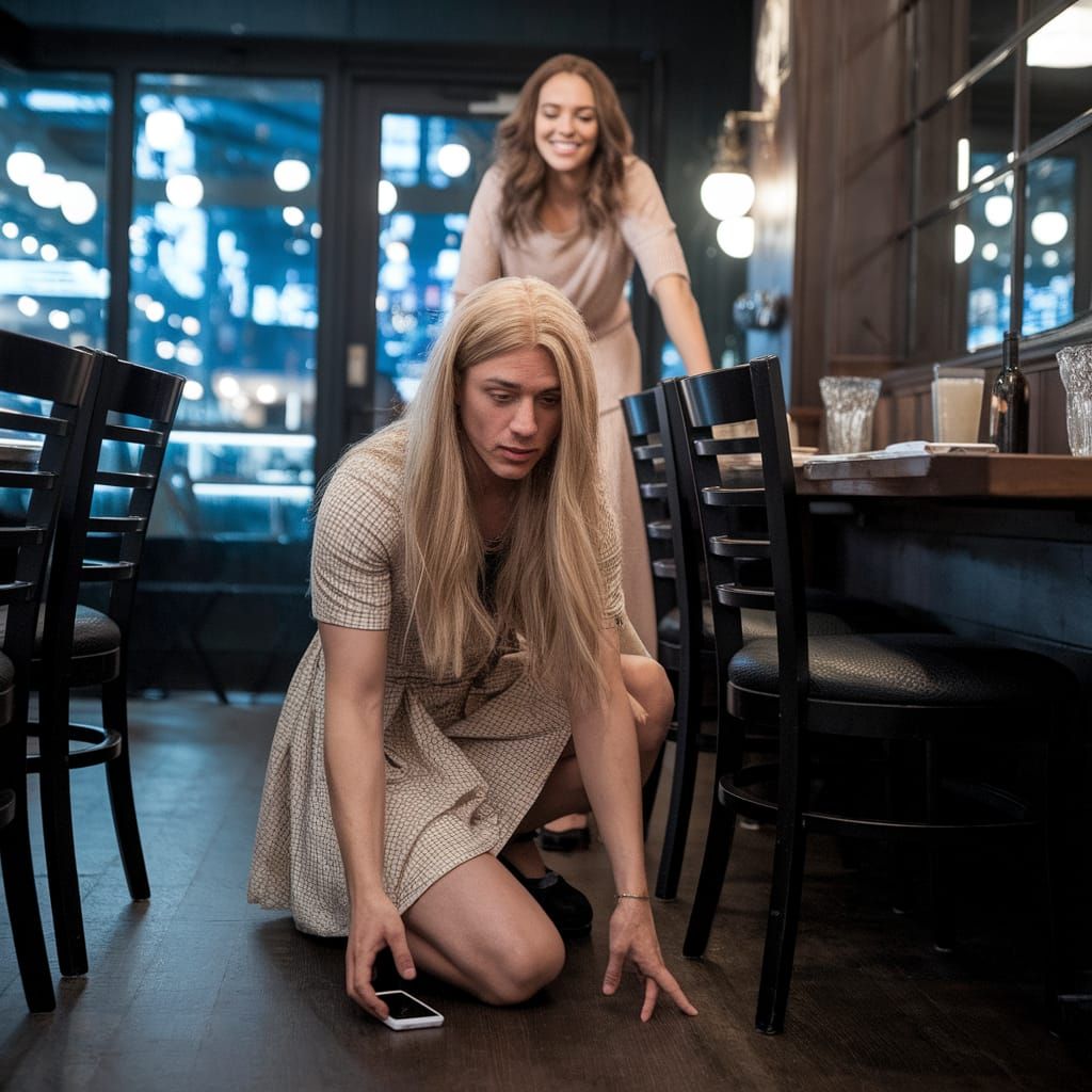 Blonde Man in Minidress Searches for Phone Under Table