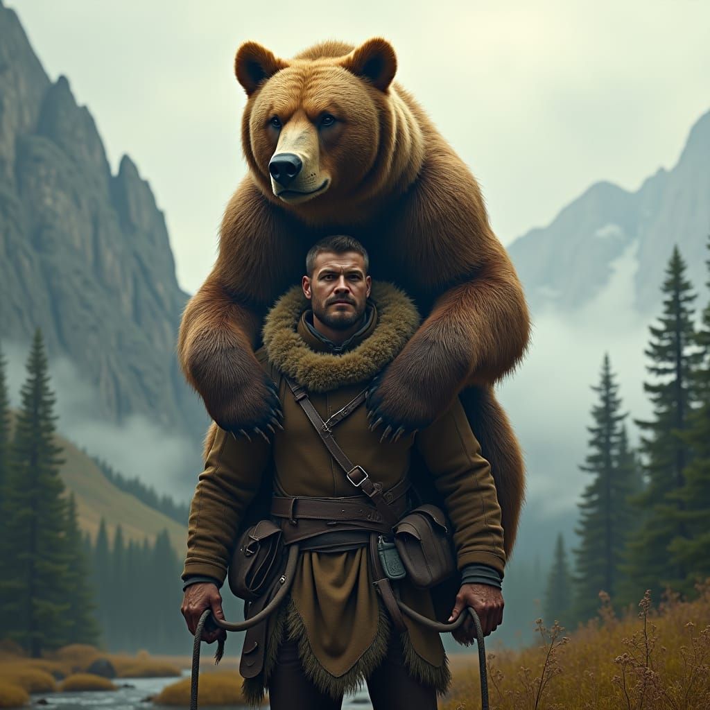Man and Bear: A High-Fantasy Scene in 8k