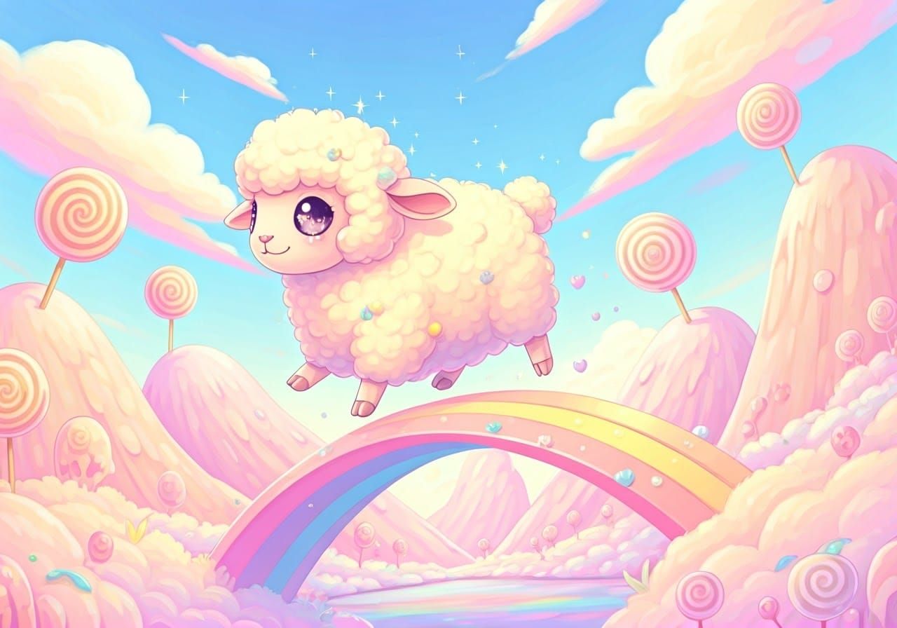 Fluffy Sheep Bouncing in Kawaii Art Style