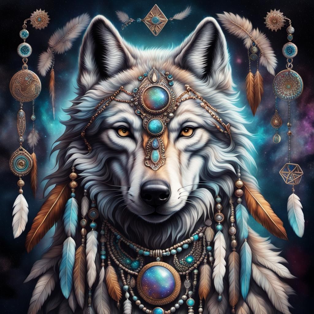 A native American style ghostly image of a wolf adorned with...
