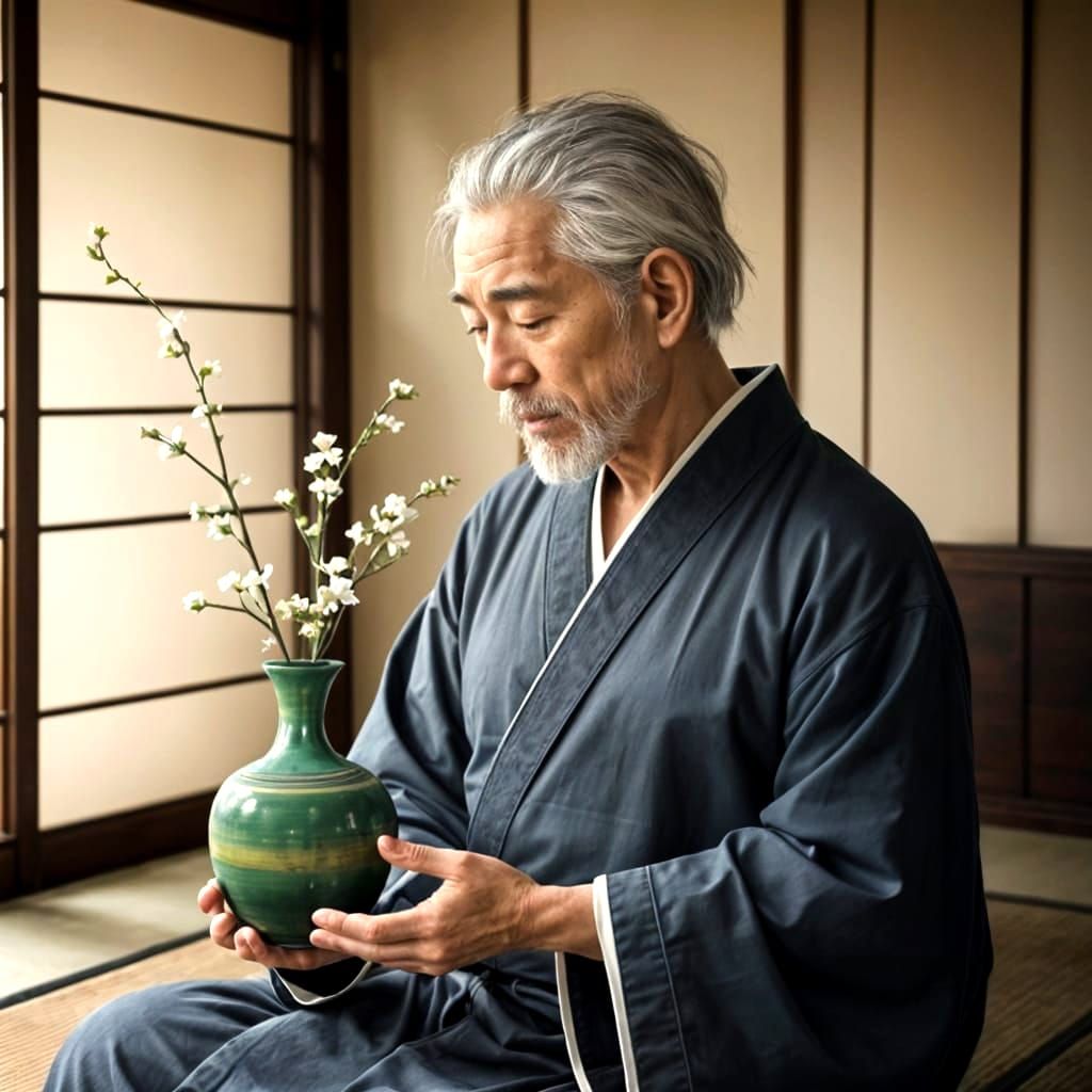 Elegant Zen Master Arranges Ikebana Flowers in Minimalist St...