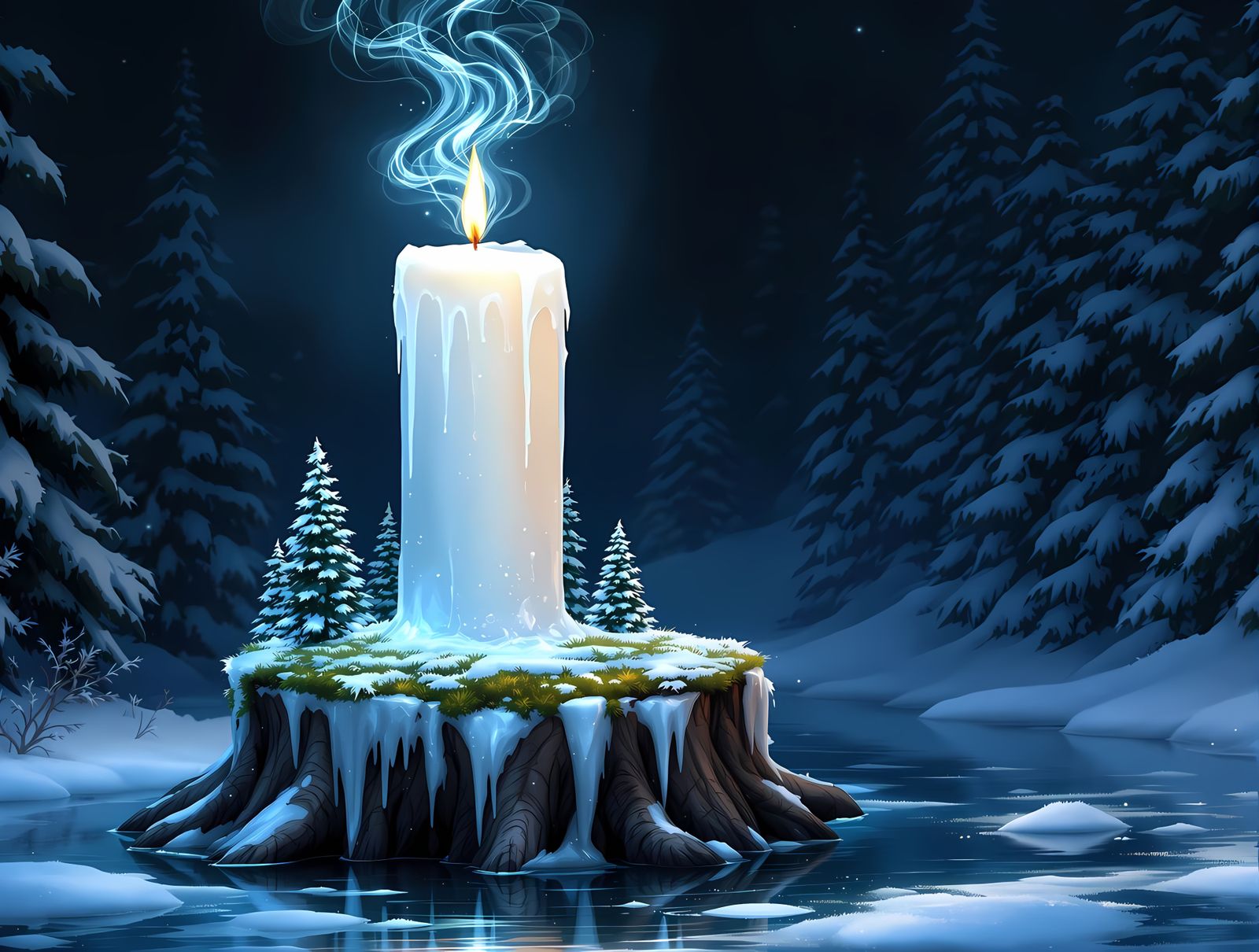 Winter Candlelit Isle in Fantasy Digital Painting