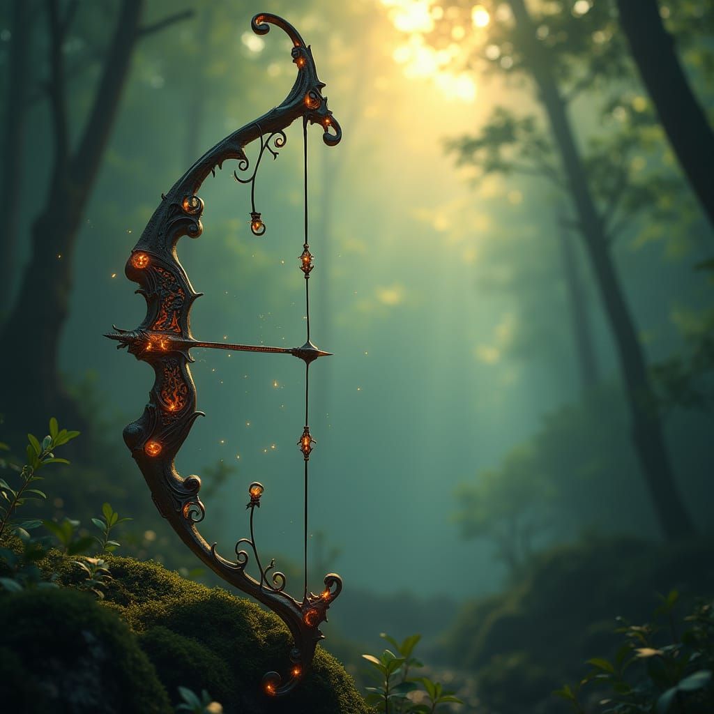 Mystical Bow in Emerald Forest, Inspired by Fantasy Art