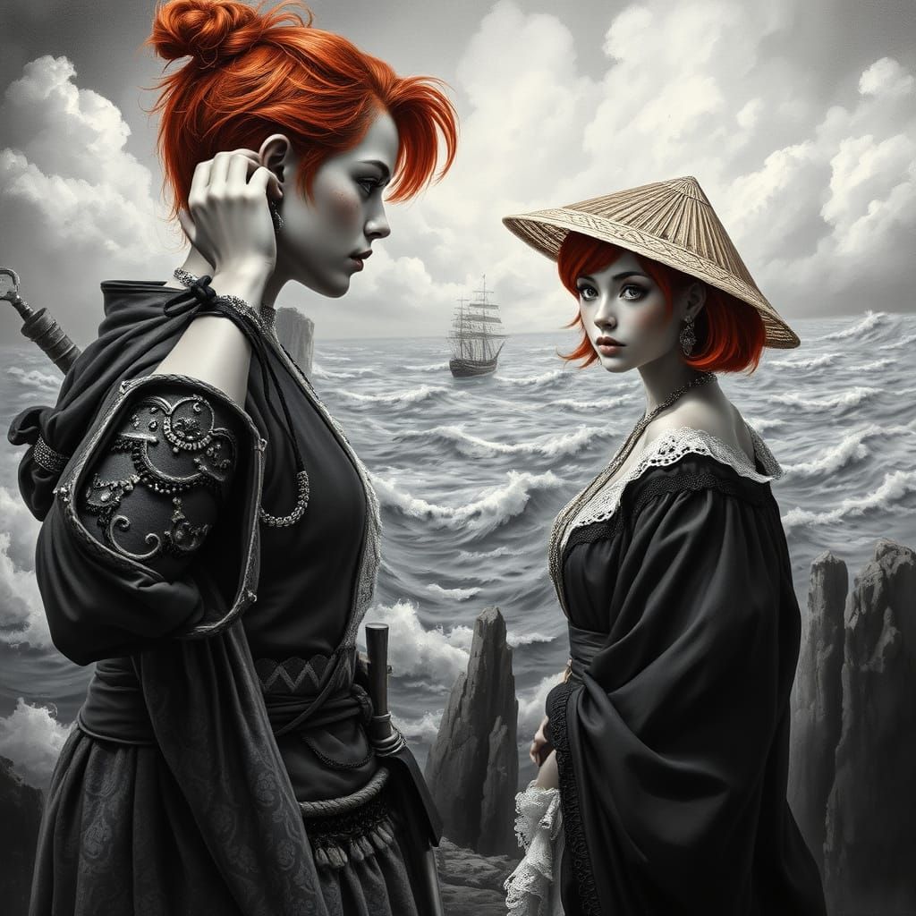 Samurai Gazing Out at Stormy Sea in Japanese Oil Painting