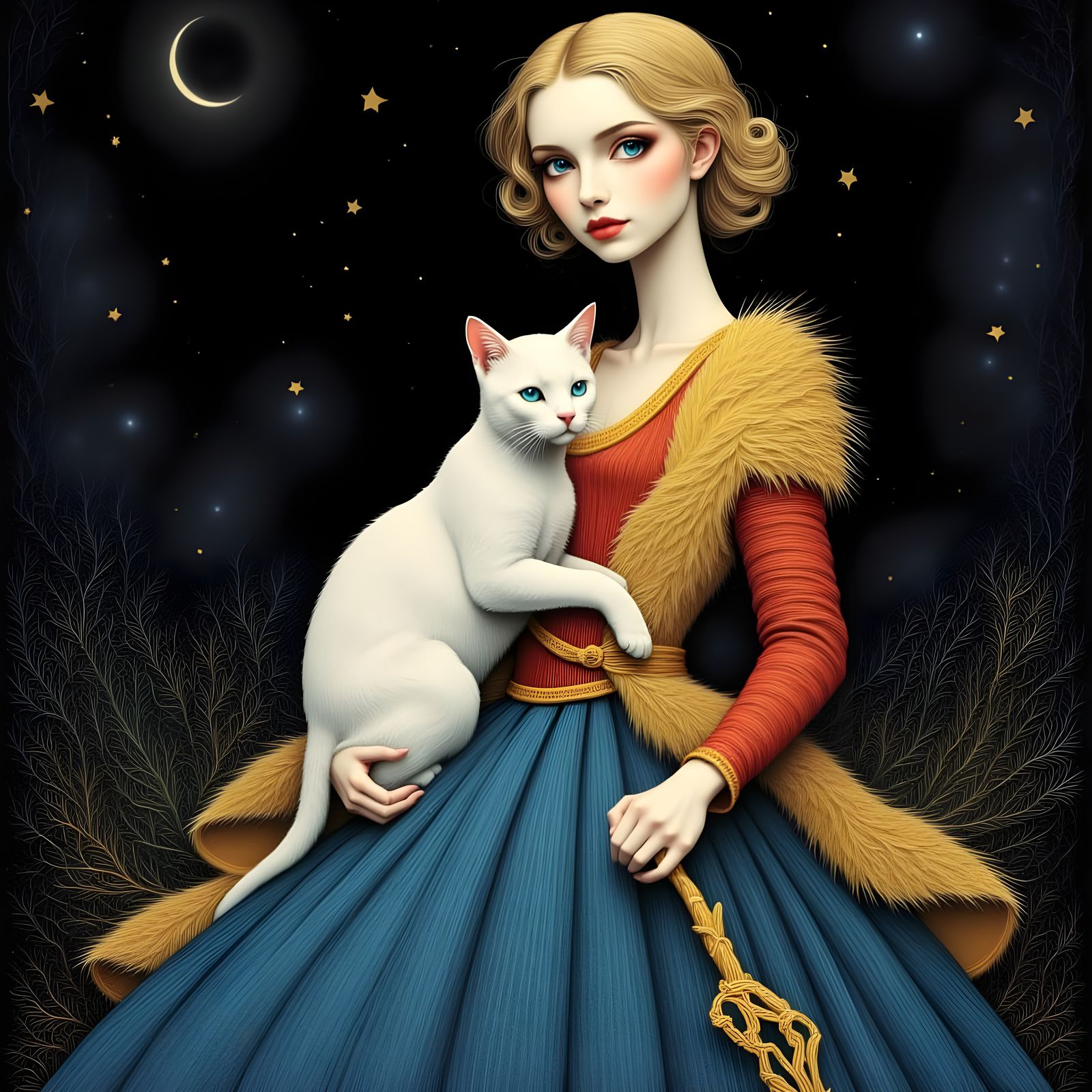 Modernist Woman and Cat Under Starry Sky