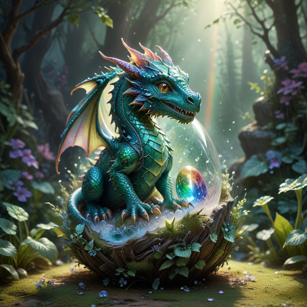 Emerald Dragon Chick Hatches from Crystal Egg amidst Mythic...