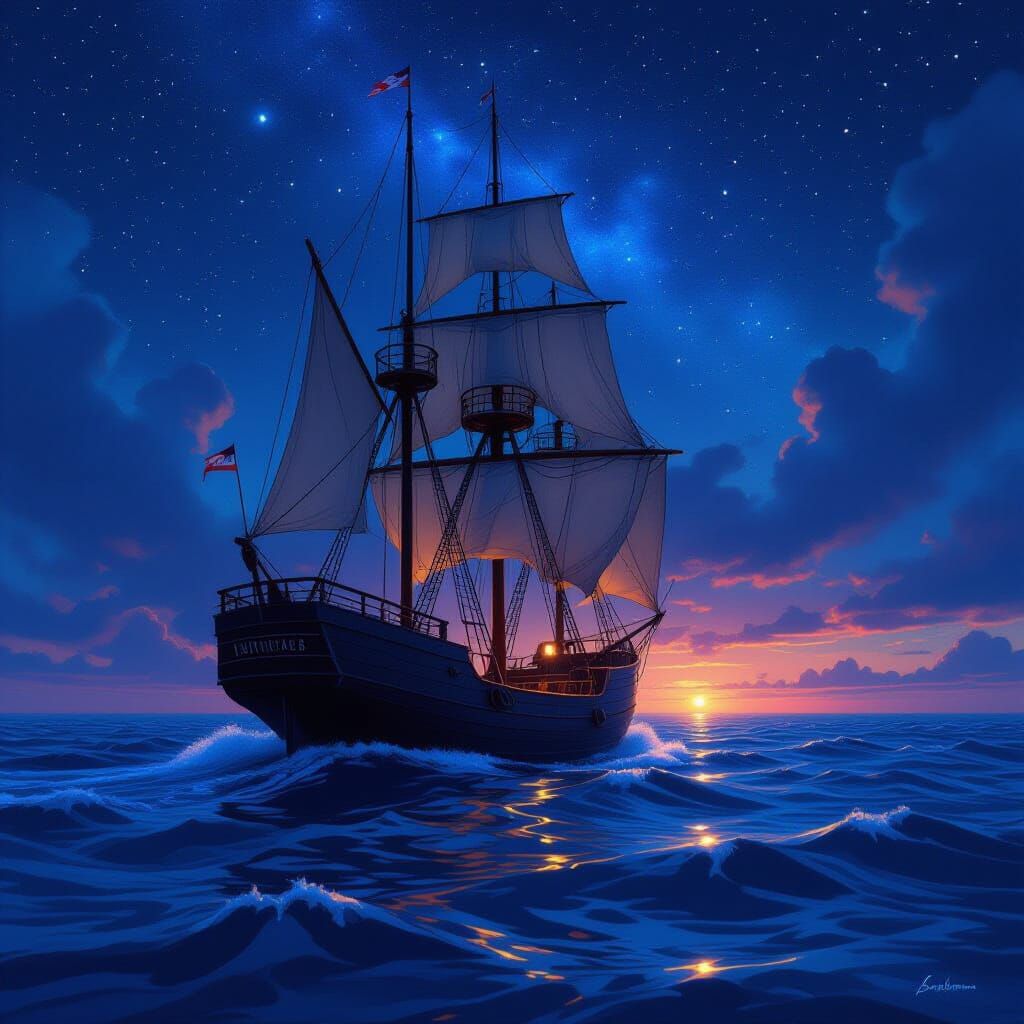 Starry Night: Sailing Ship on Wavy Ocean