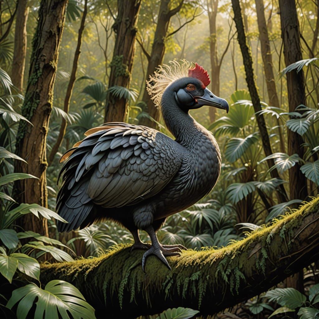 Surreal Hyperrealistic Dodo Bird in a Lush Forest Habitat