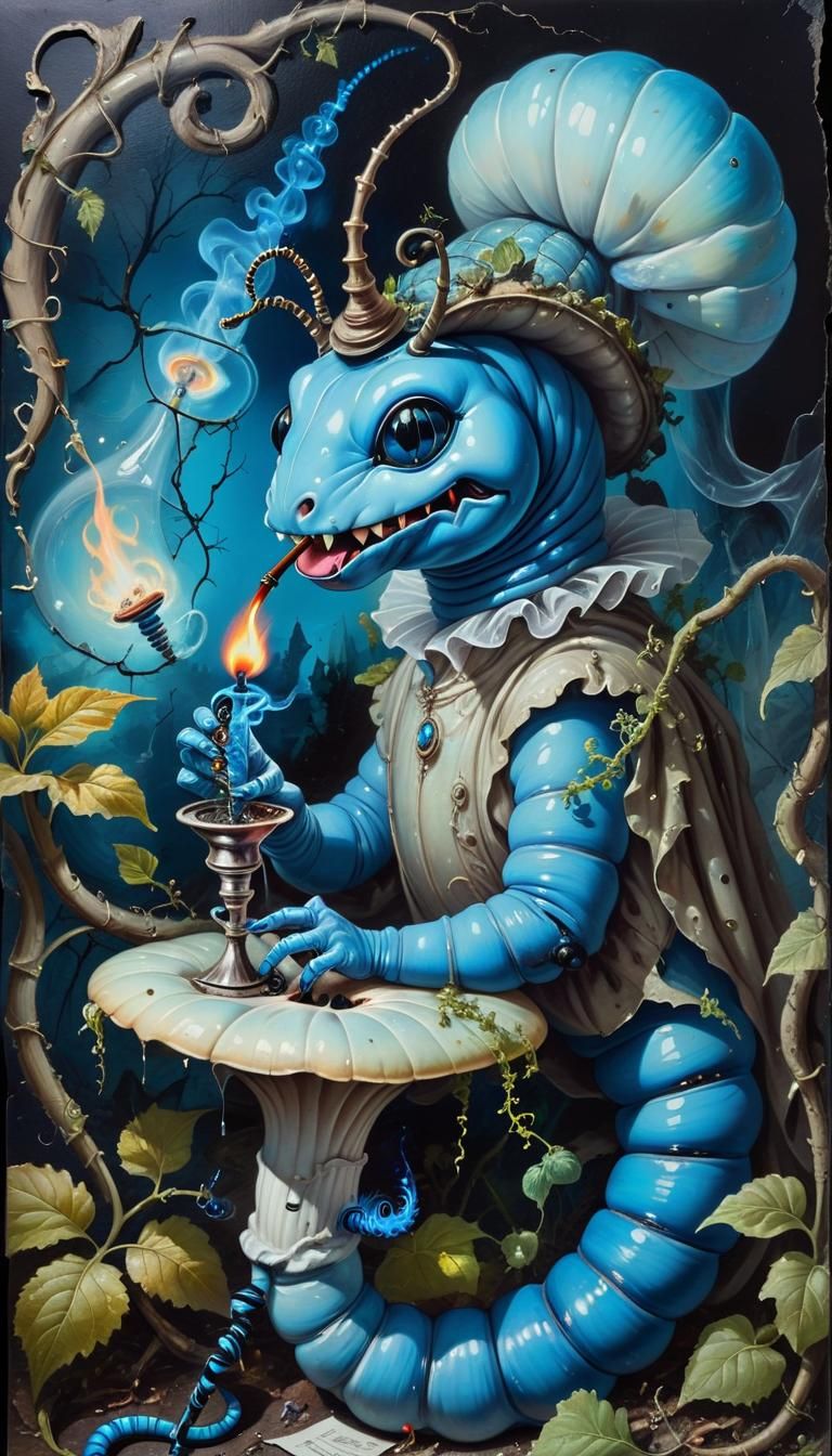 Blue Caterpillar Smoking Hookah: Rococo Surrealist Mail Art
