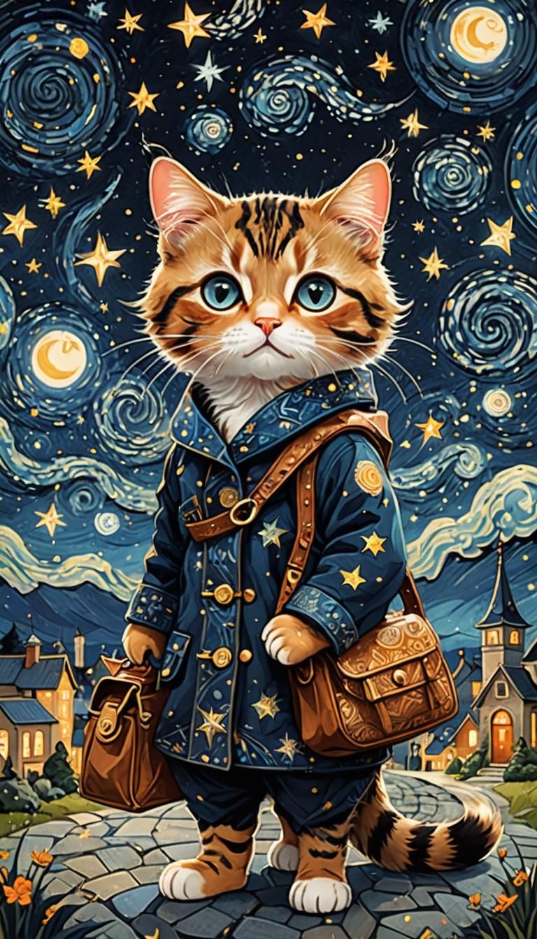 Cartoon Cat Merchant Under Starry Night Sky