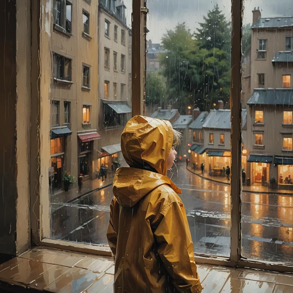 Cozy Rainy Day Impressionist Painting of Child