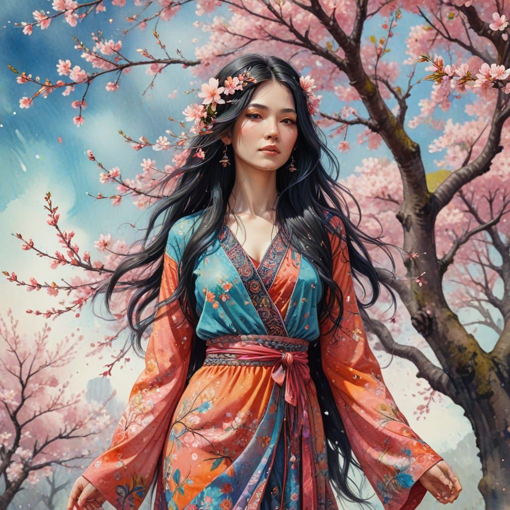 Bohemian Woman Under Cherry Blossoms Mixed Media Art