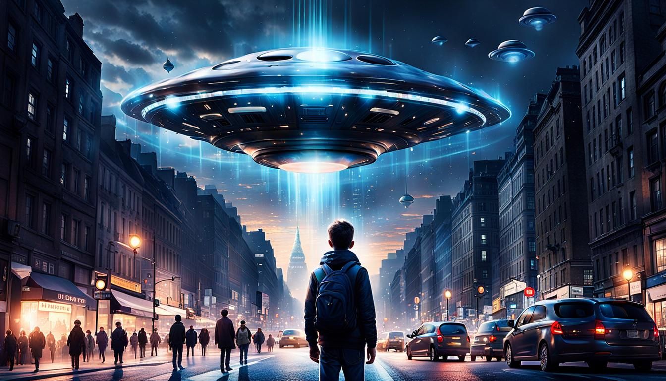 Boy Transfixed by UFO Over City: Photorealistic 4K