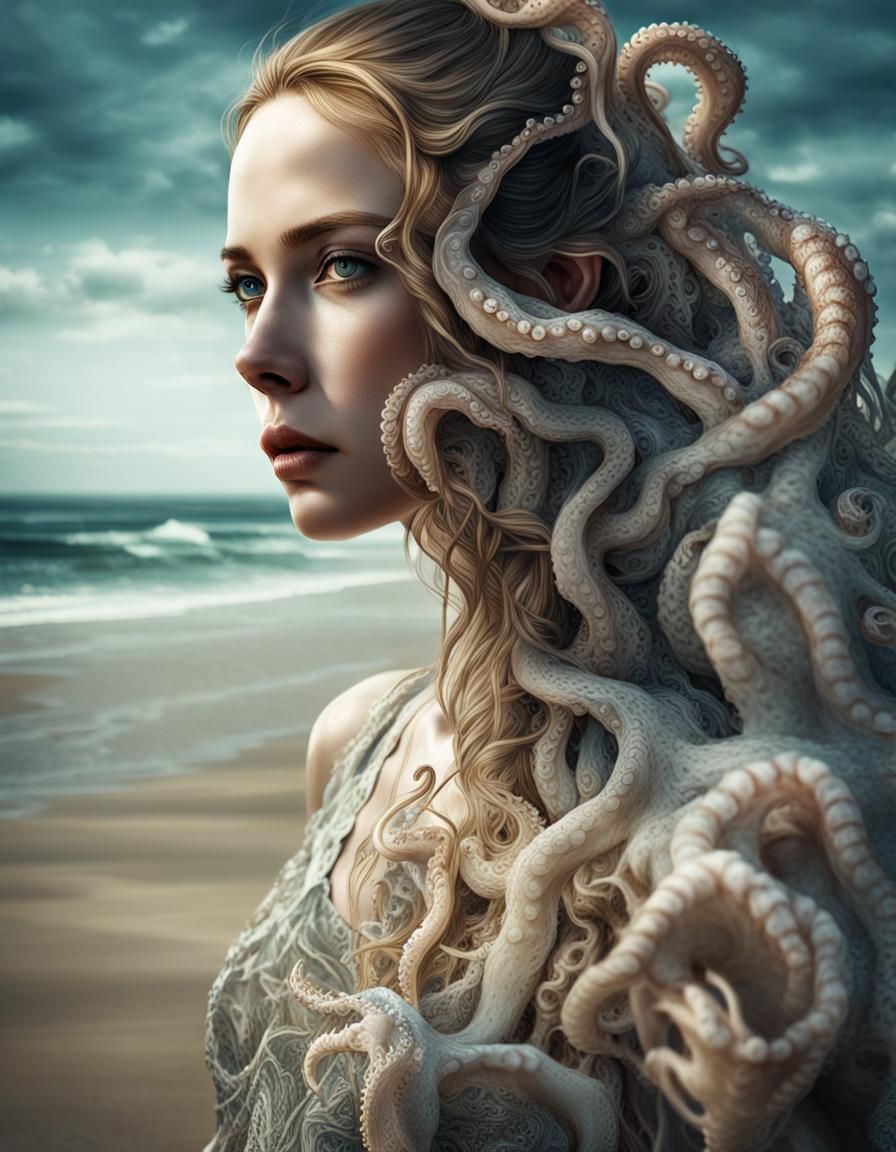 Octopus Dress: Hyperrealistic Beach Portrait