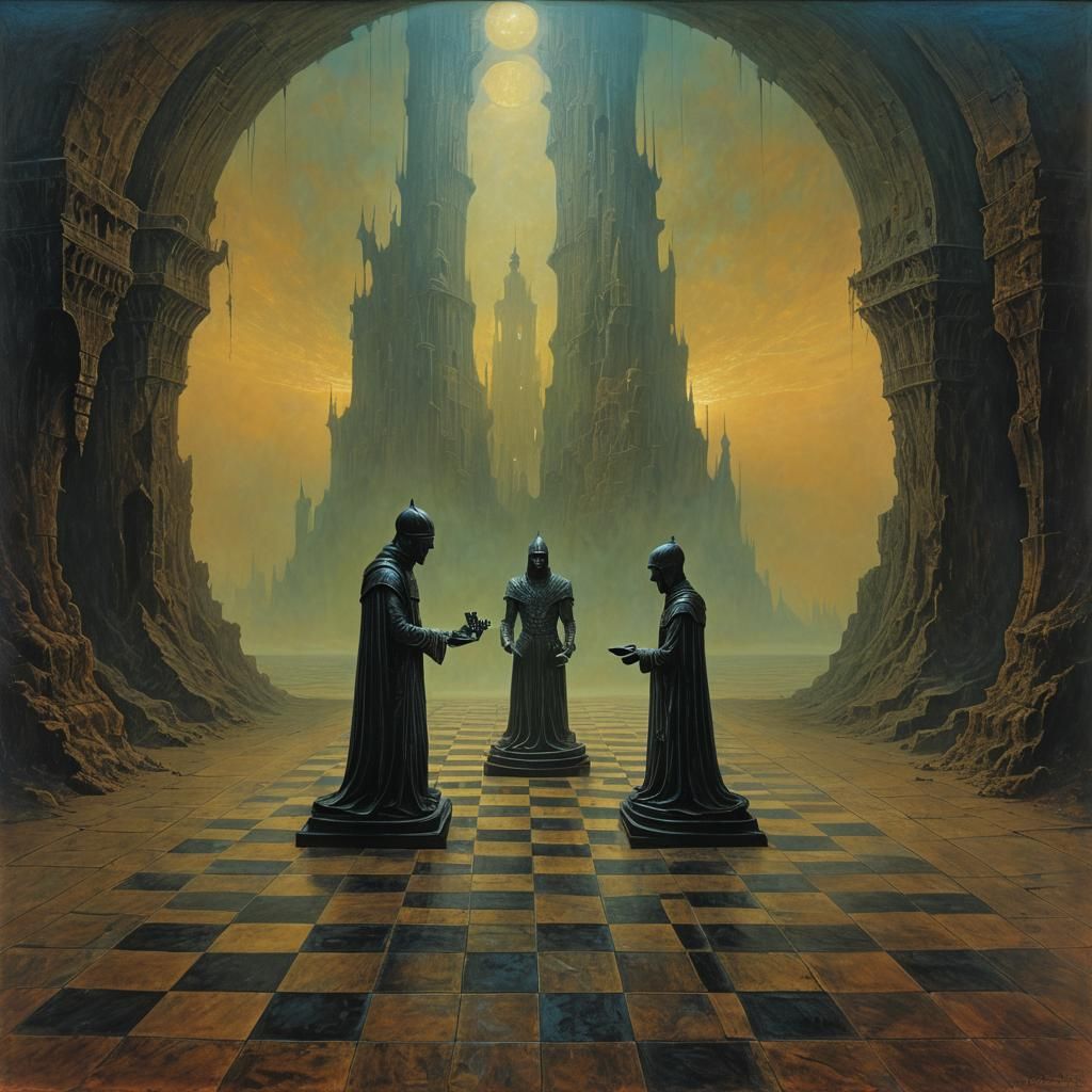 Surreal Chess Game in Void, Beksiński Style