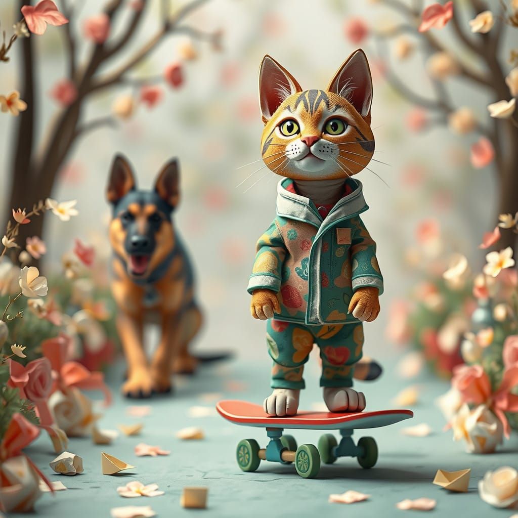 Tabby Cat Skates with Loyal German Shepherd Companion