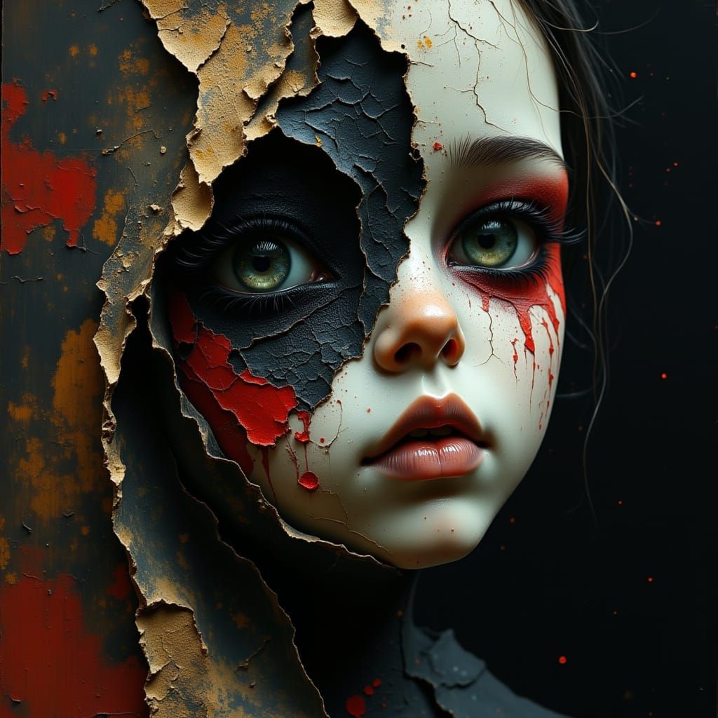 Eerie Doll Face with Textured Skin and Red Accents
