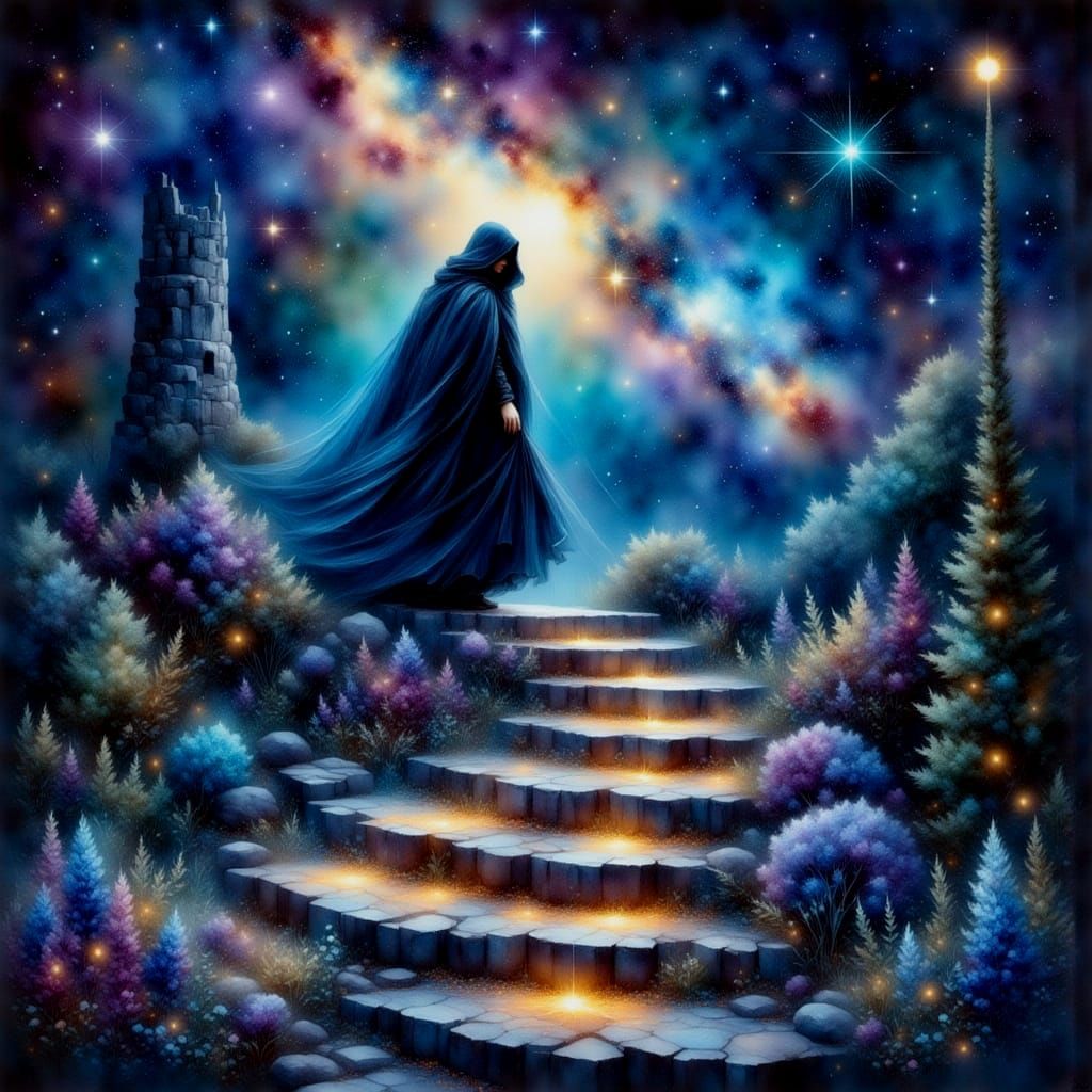 Stairs to the Stars in Antique Watercolor Style