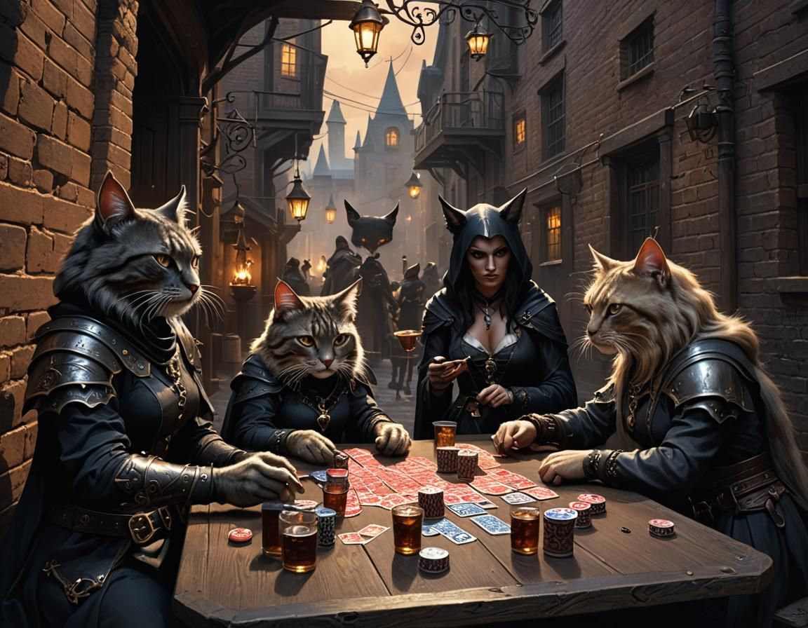 Witches' Poker Night with Armored Cat Companion