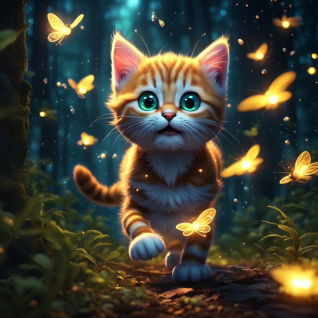 Magical Kitten Chasing Fireflies in Enchanted Forest