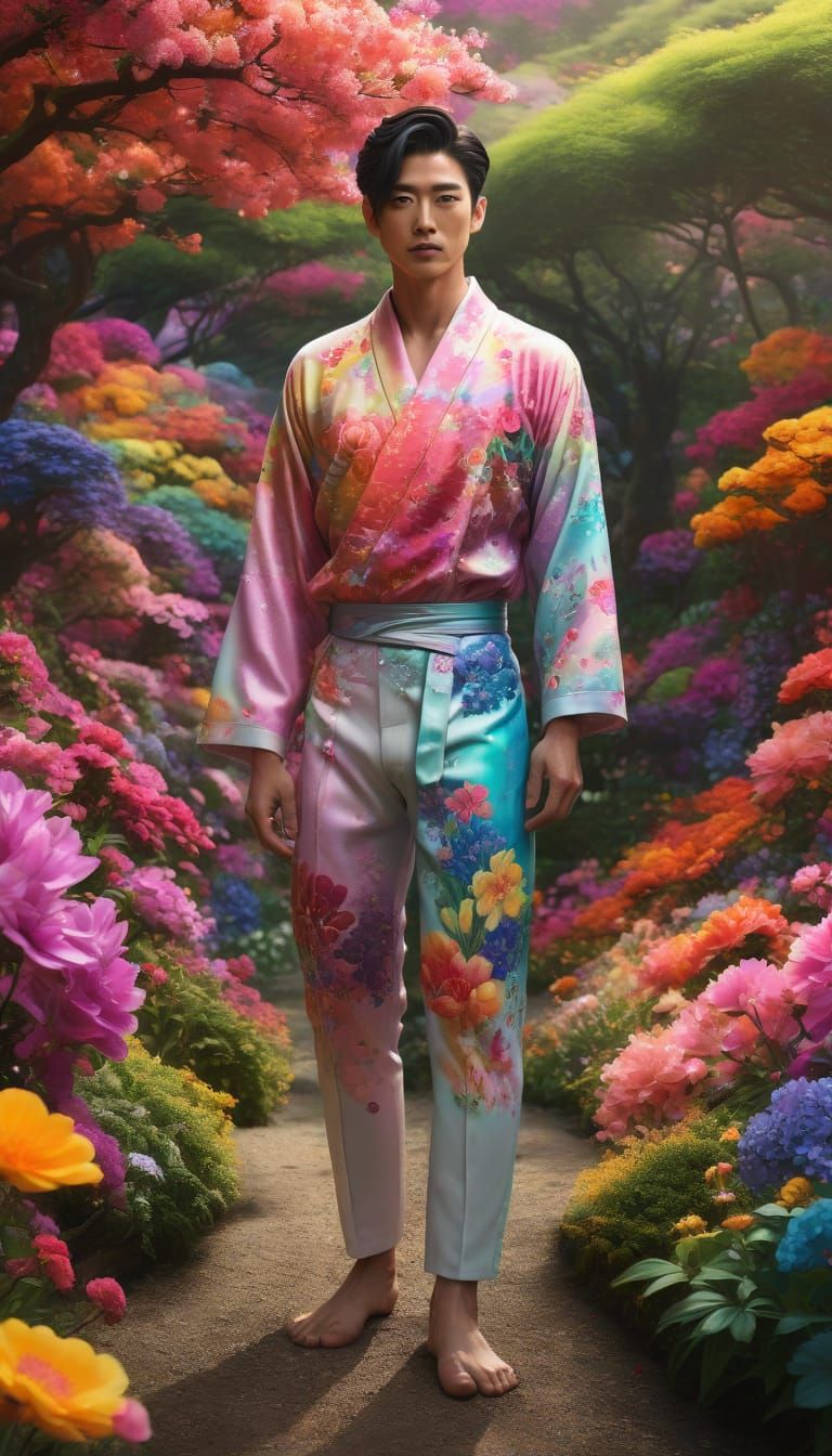 Japanese Man in Vibrant Flower Garden