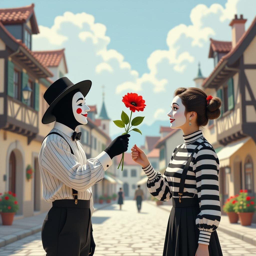 Mime Presents Flower in Whimsical Town Square