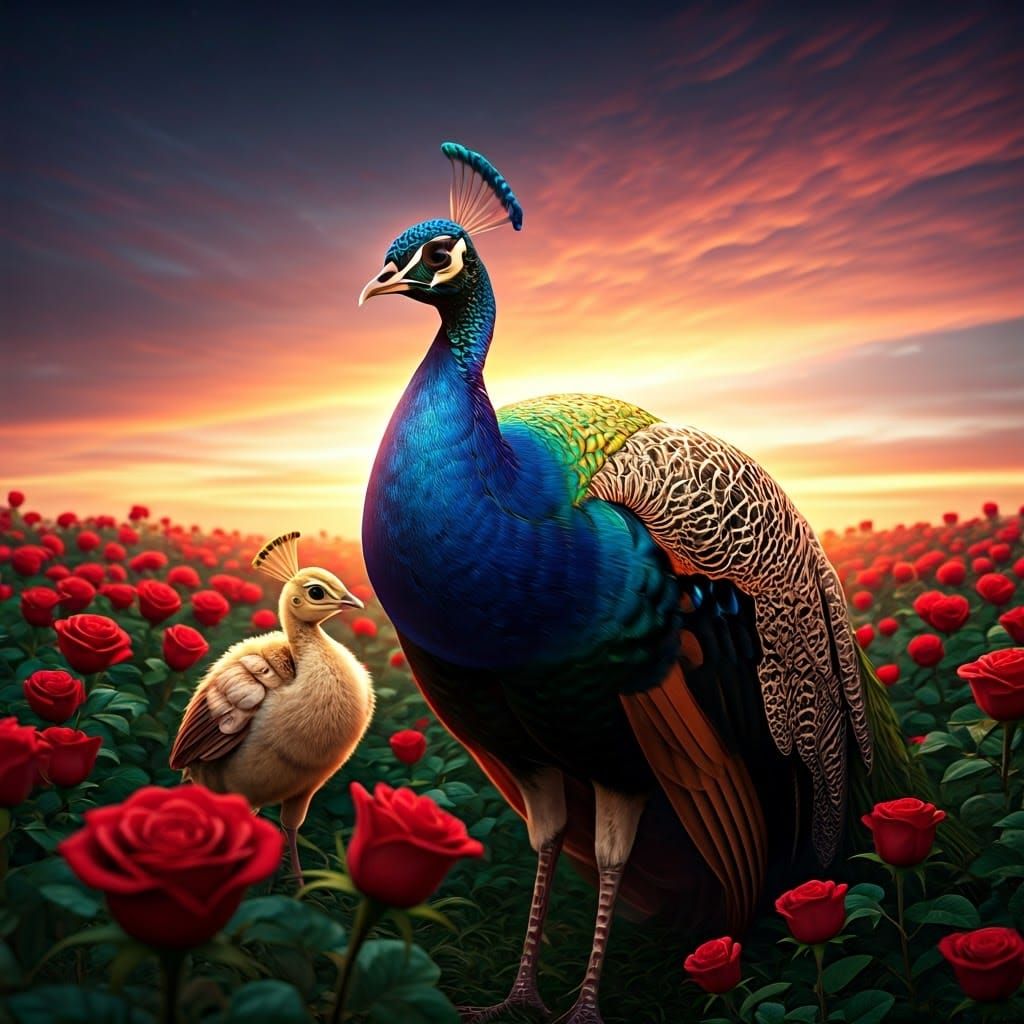 Mother Peacock's Enchanting Moment in Vibrant Sunset Landsca...