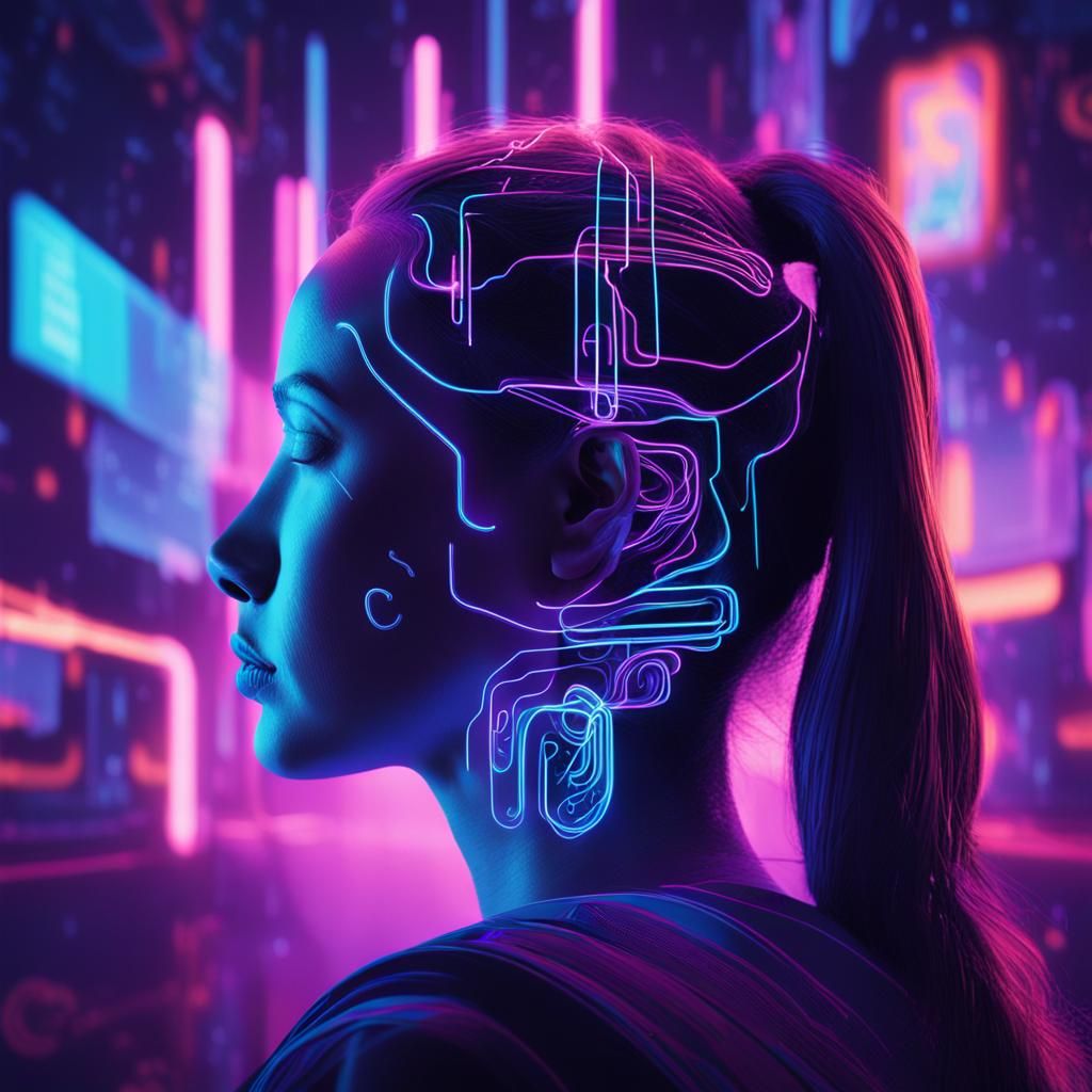 Neon Cityscape: Woman's Mental Telepathy in Digital Art