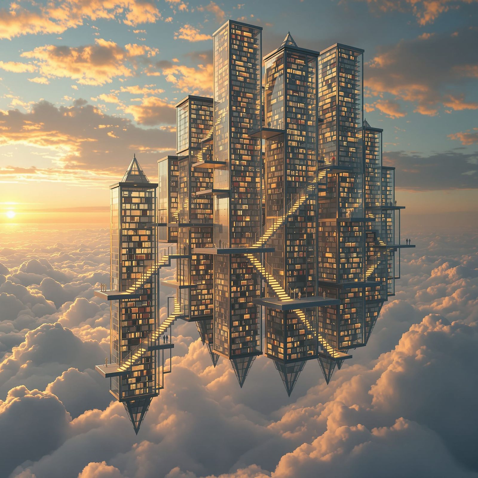 Floating Glass Library Above Clouds at Sunset