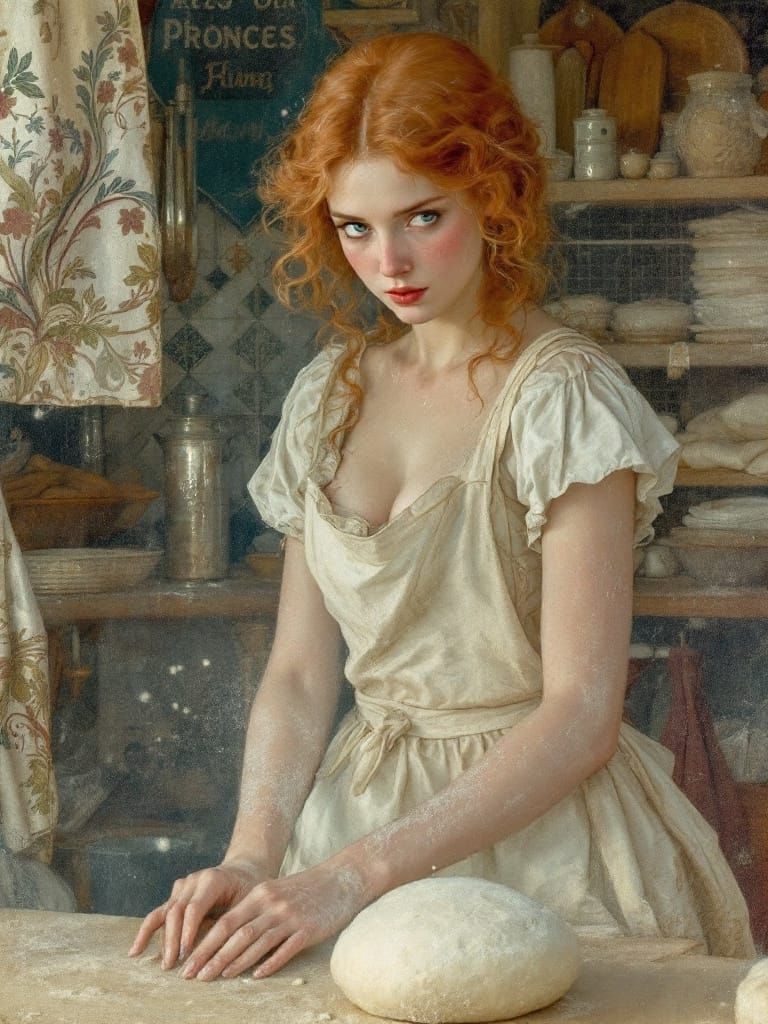 Redhead Baker Kneading Dough in Amber Light