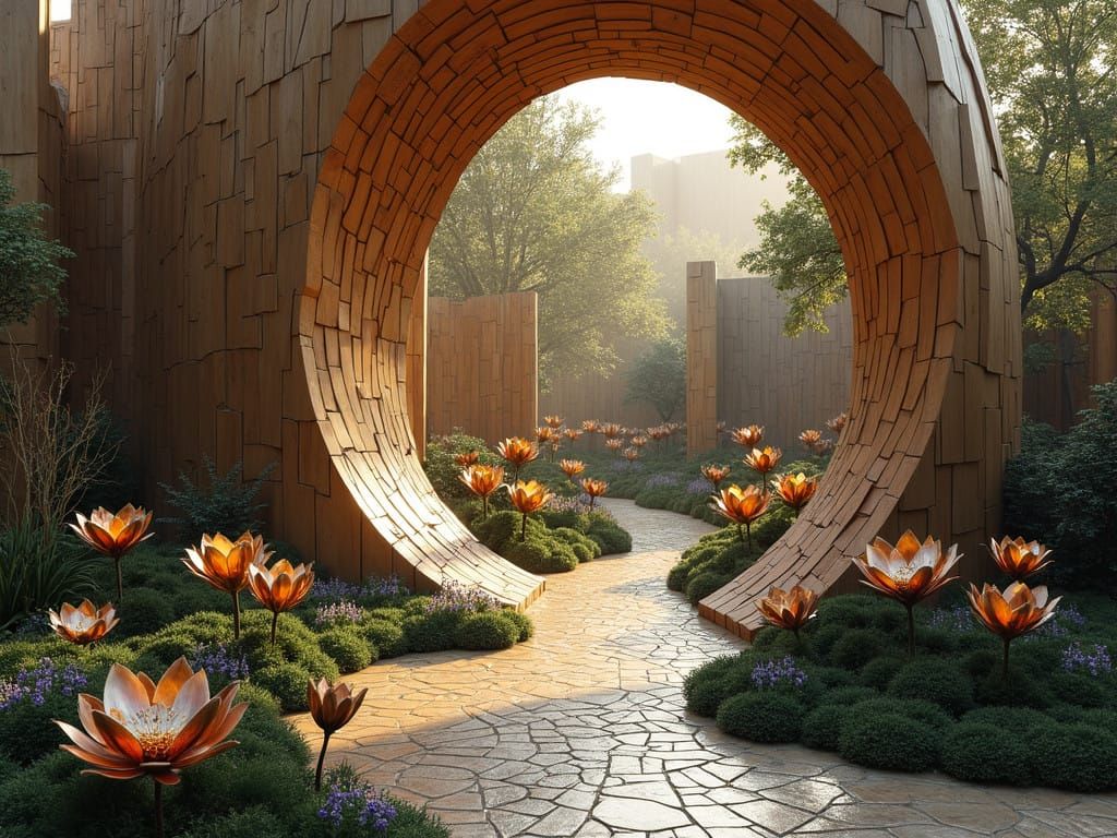 Surreal Wood Grain Architecture in Cubic Brutalism Style